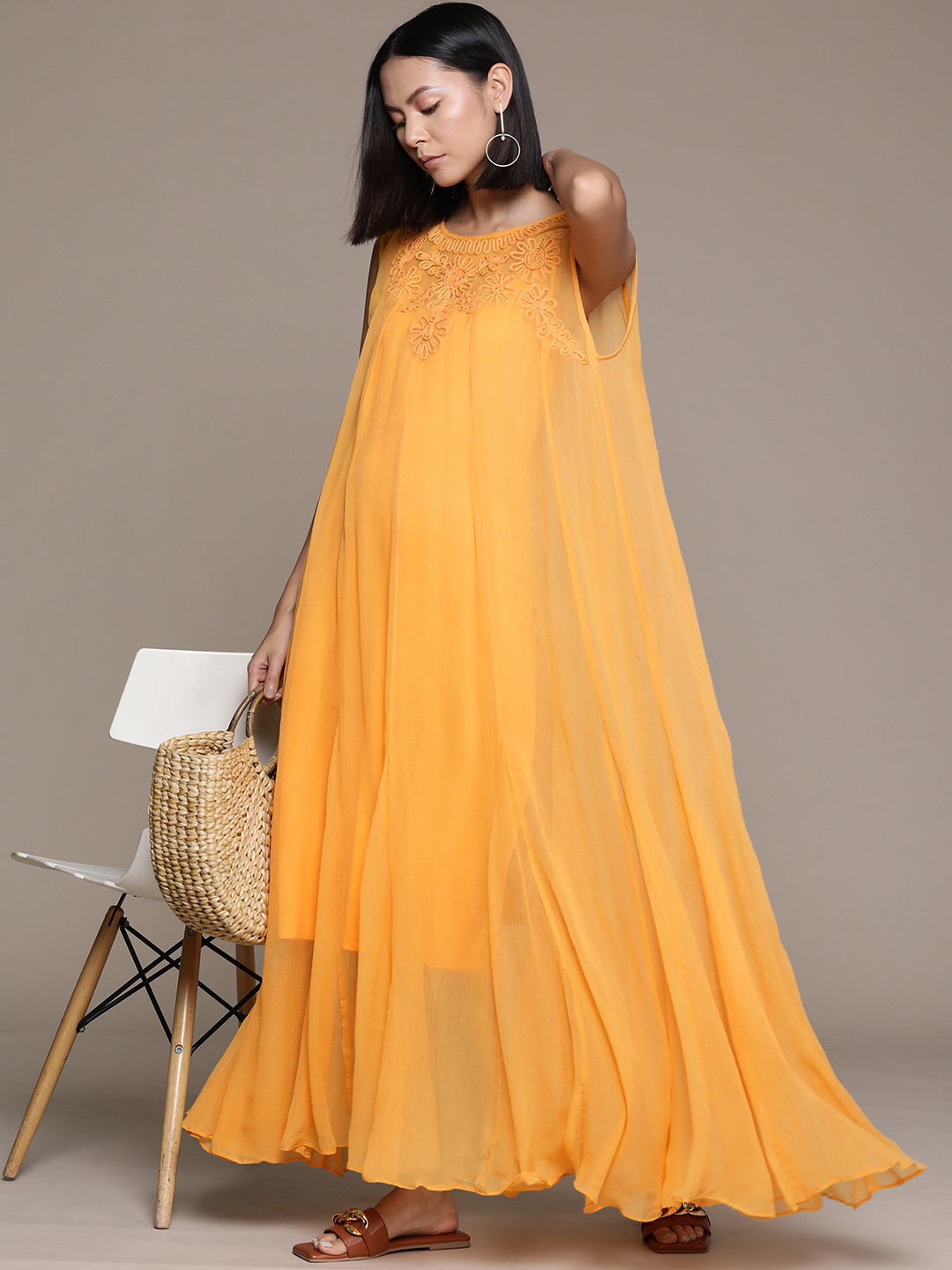 

Label Ritu Kumar Floral Embroidered Chiffon A-Line Maxi Dress, Orange