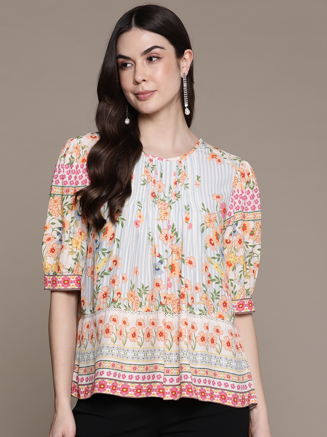 

Label Ritu Kumar Floral Print Puff Sleeves Crepe Peplum Top, White