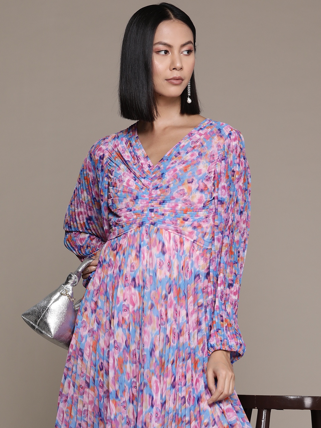 

Label Ritu Kumar Print Bishop Sleeves Chiffon Fit & Flare Midi Dress, Blue