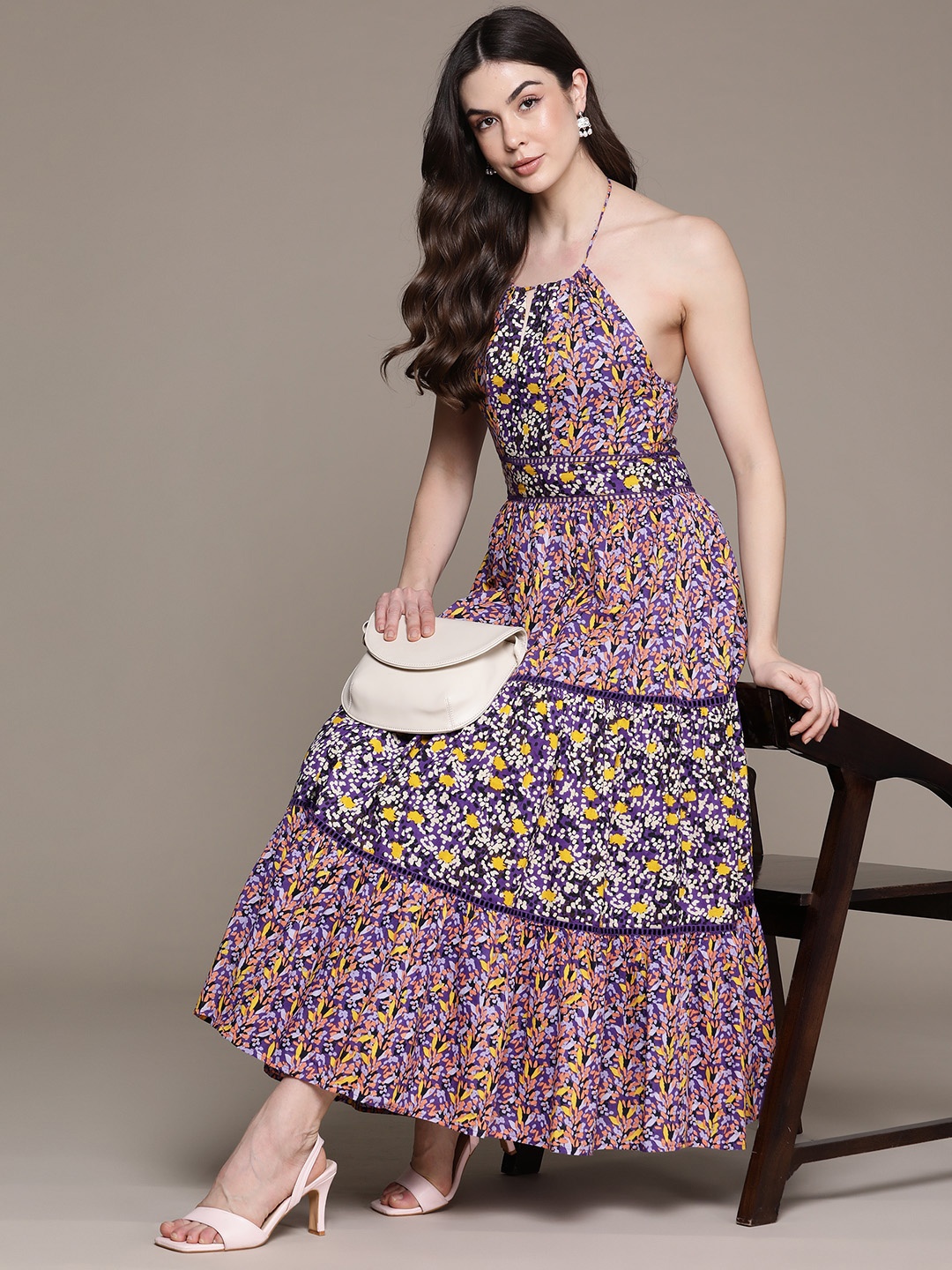 

Label Ritu Kumar Print Halter Neck Fit & Flare Midi Dress, Purple