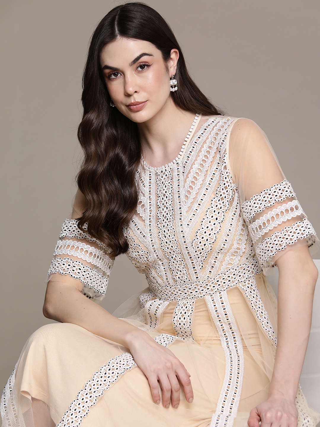 

Label Ritu Kumar Embroidered Flared Sleeves A-Line Midi Dress, Peach