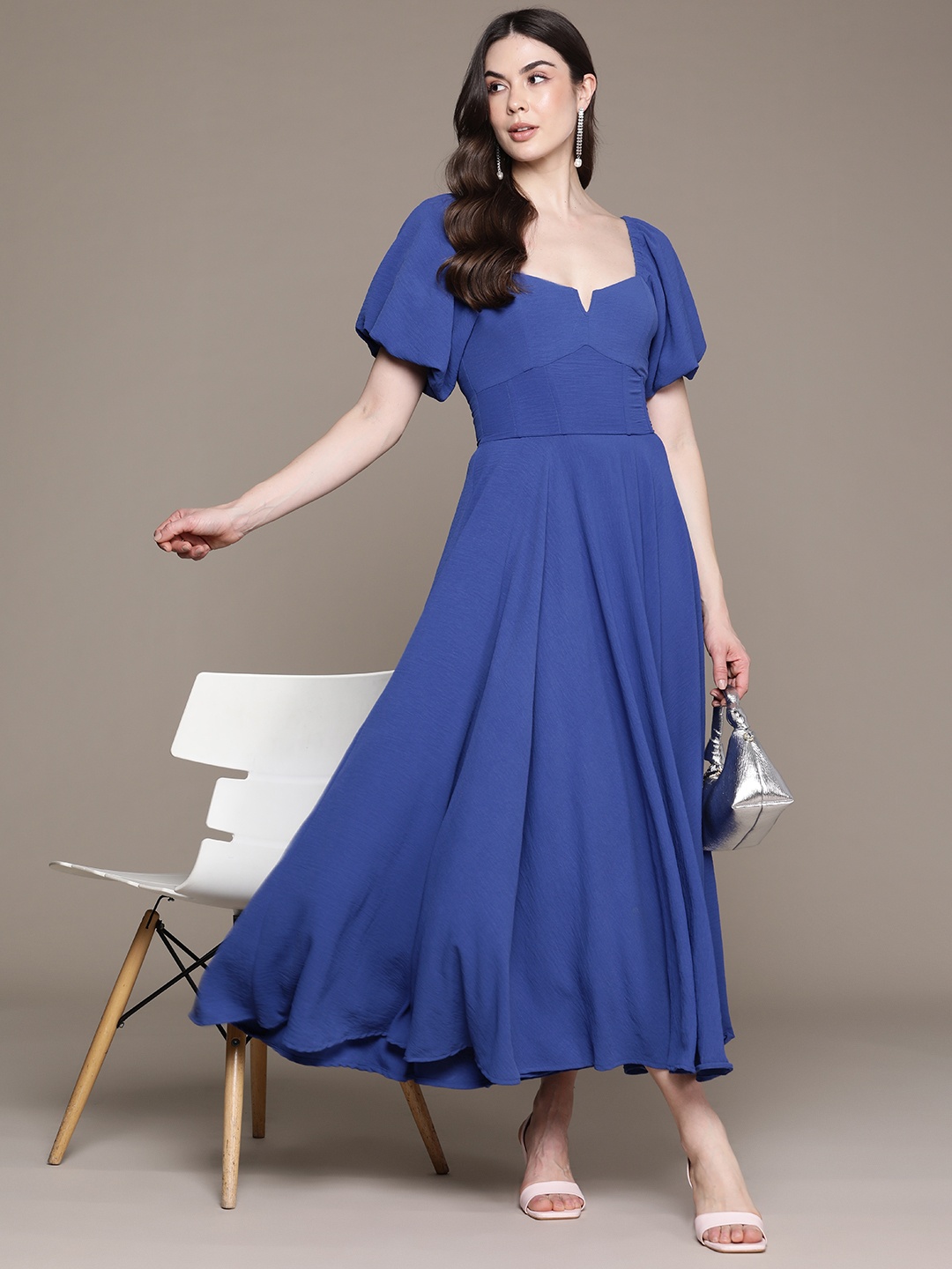

Label Ritu Kumar Puff Sleeves Crepe Fit & Flare Maxi Dress, Blue