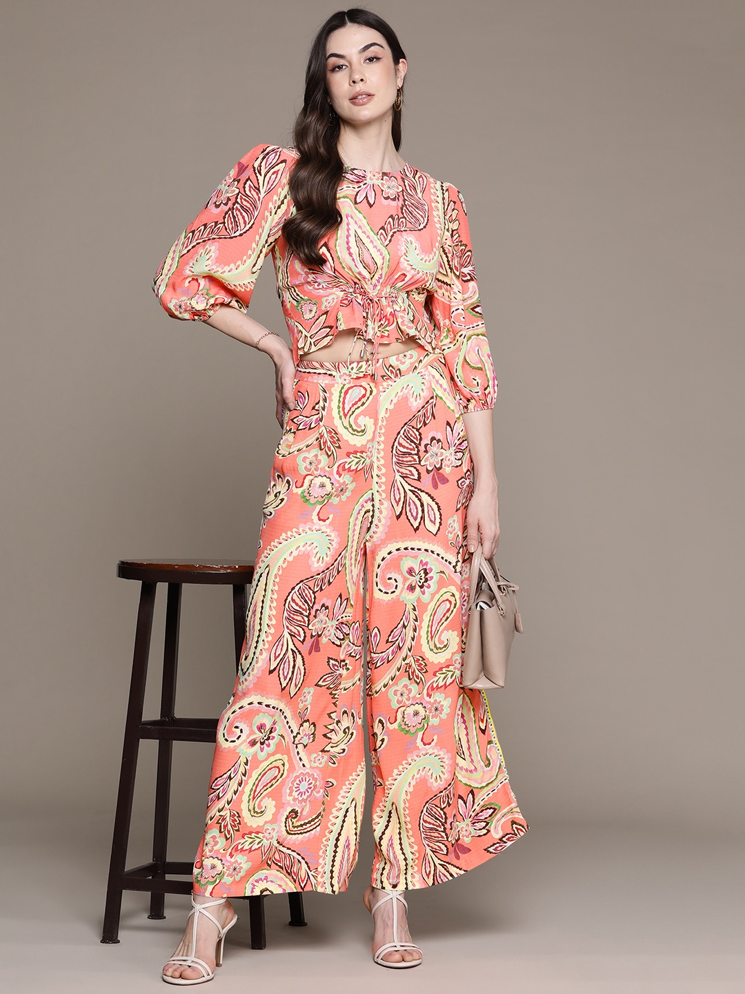 

Label Ritu Kumar Paisley Print Crop Top with Palazzos, Coral