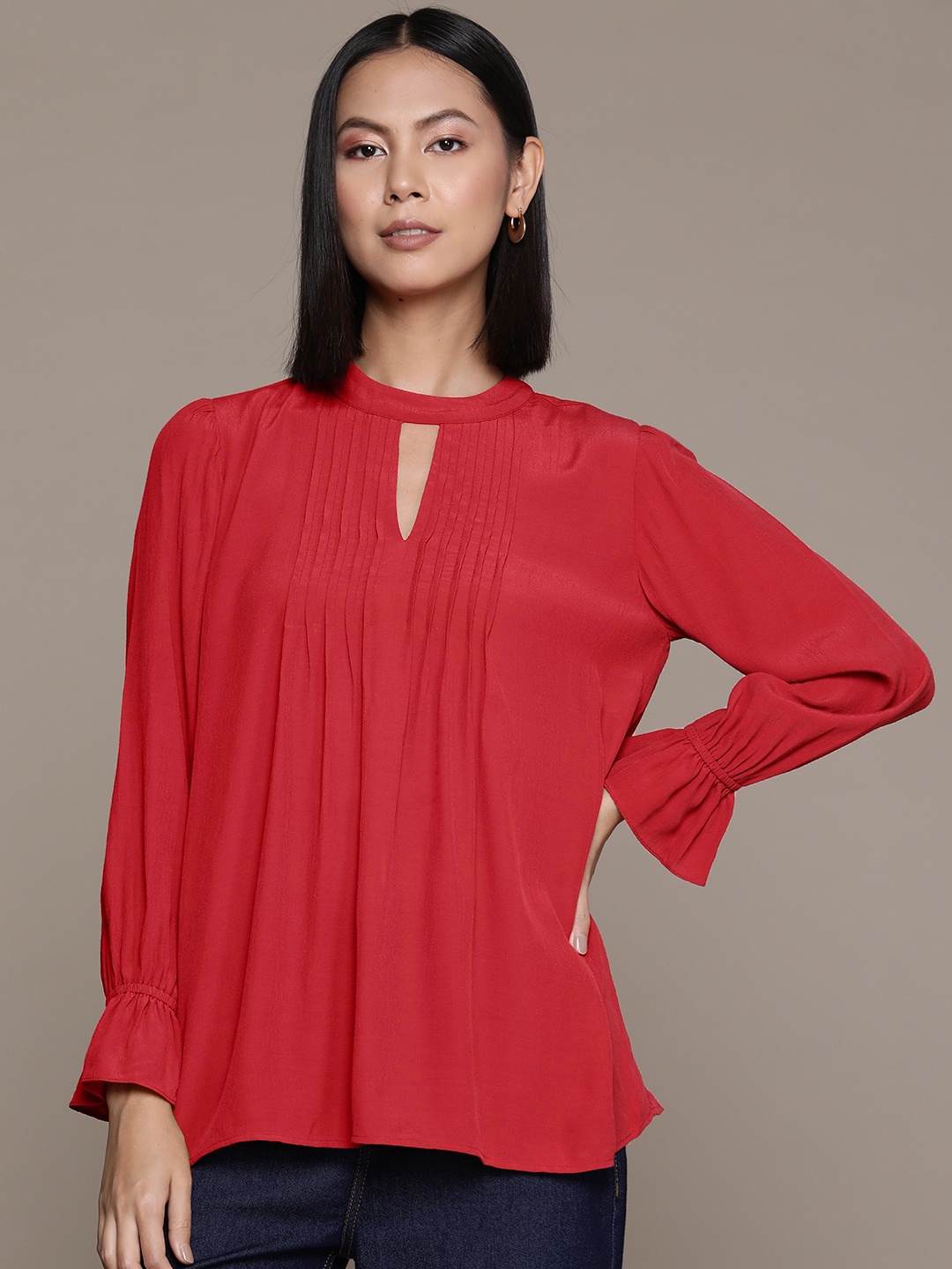 

Label Ritu Kumar Keyhole Neck Bell Sleeves Crepe Longline Top, Red