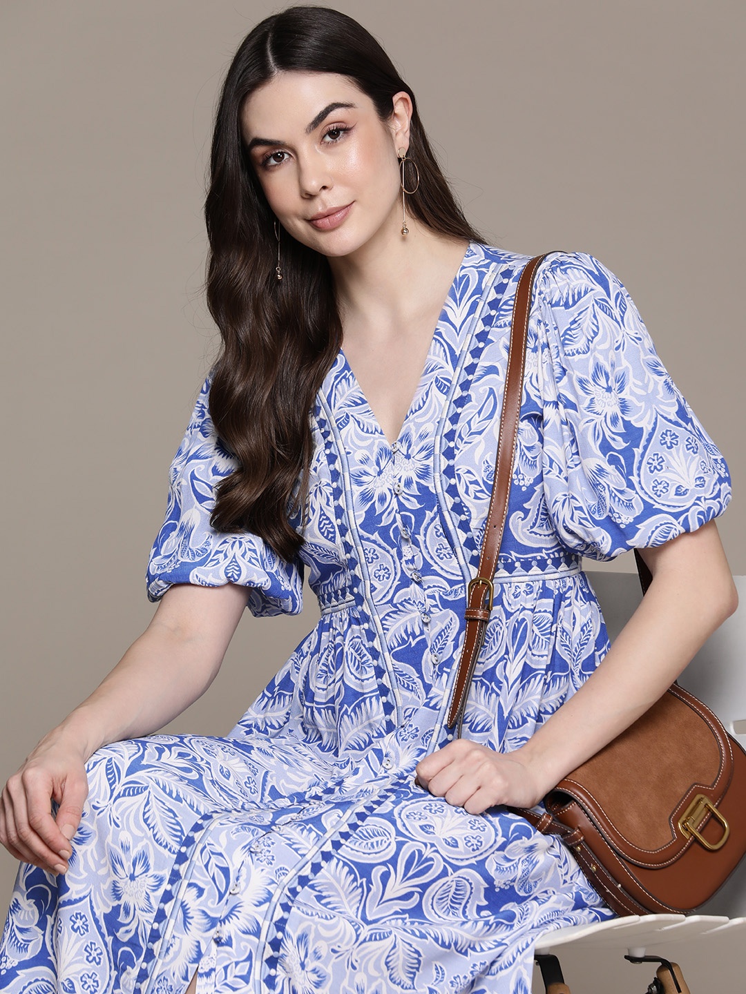 

Label Ritu Kumar Floral Print Puff Sleeves Crepe A-Line Dress, Blue