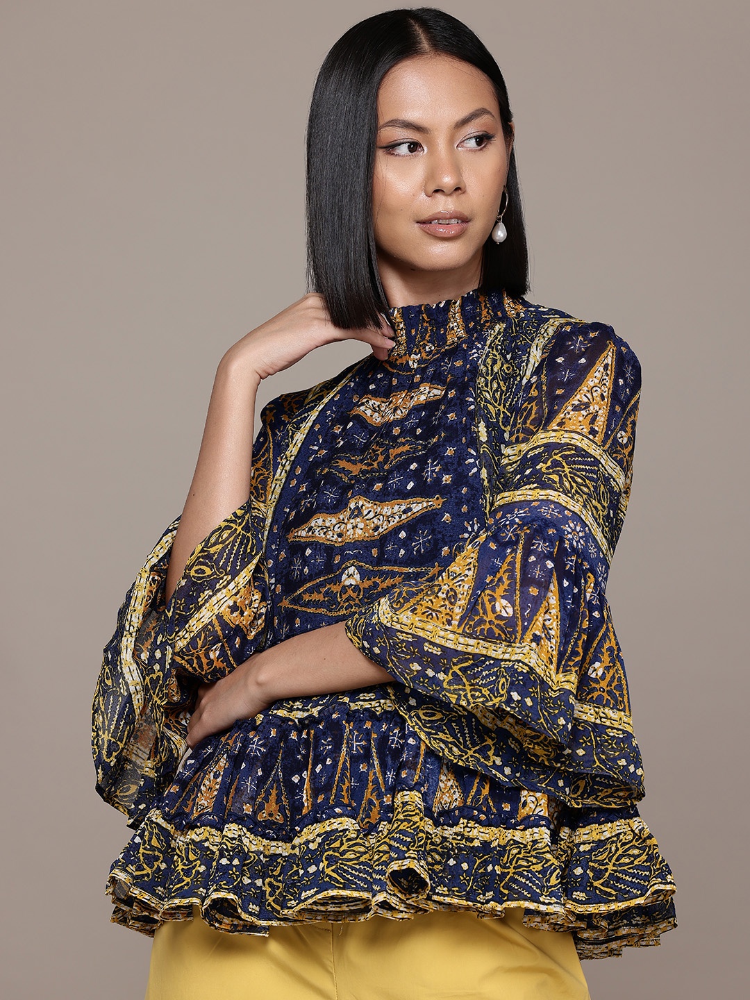 

Label Ritu Kumar Print Bell Sleeves Georgette Peplum Top, Navy blue