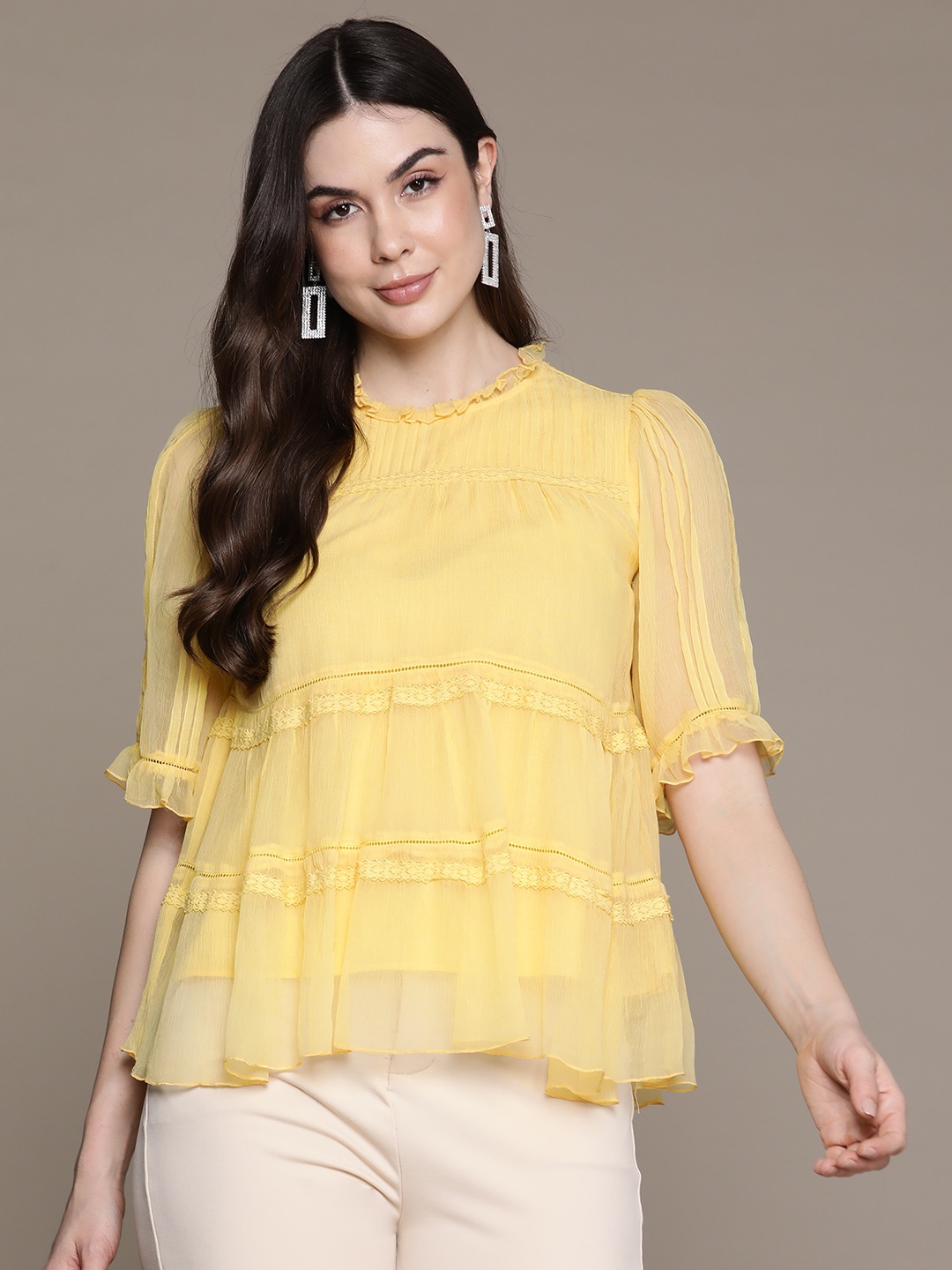 

Label Ritu Kumar Puff Sleeves Ruffles Chiffon Top, Yellow