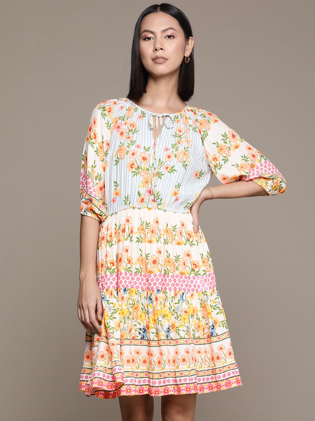 

Label Ritu Kumar Floral Print Tie-Up Neck Puff Sleeves Crepe A-Line Dress, White