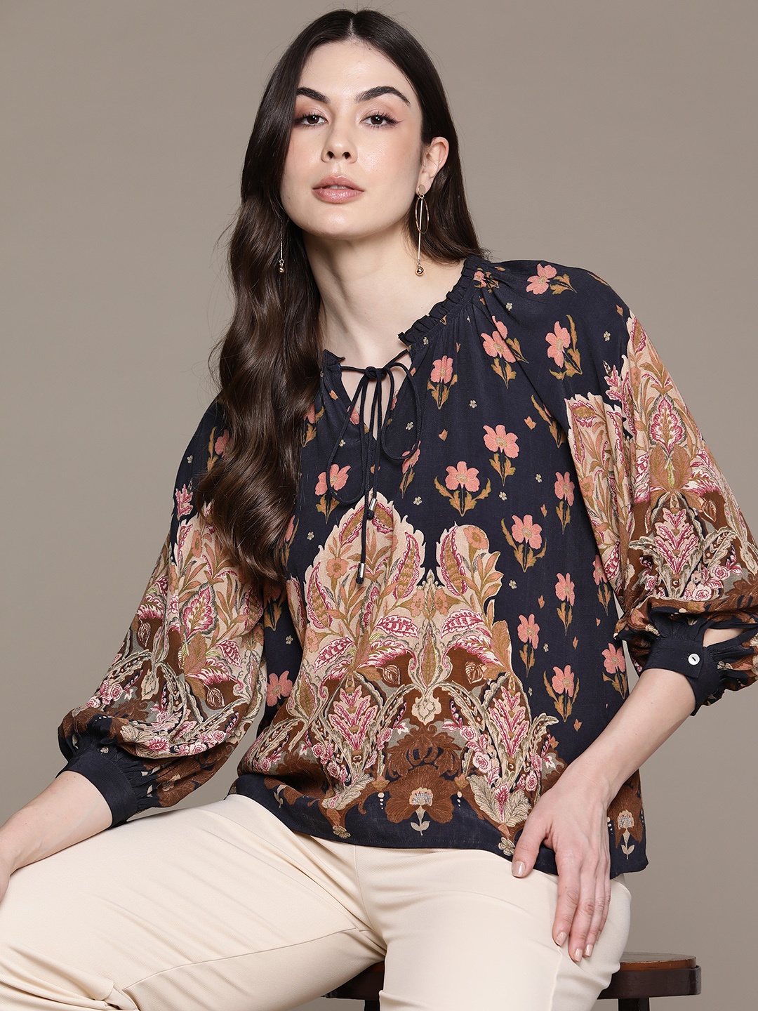

Label Ritu Kumar Print Tie-Up Neck Puff Sleeves Ethnic Crepe Top, Black