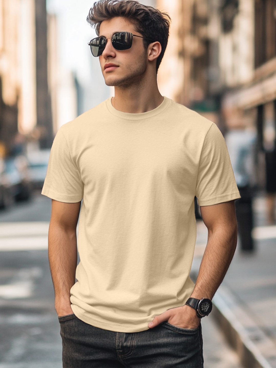 

VEIRDO Solid Round Neck Pure Cotton T-shirt, Beige