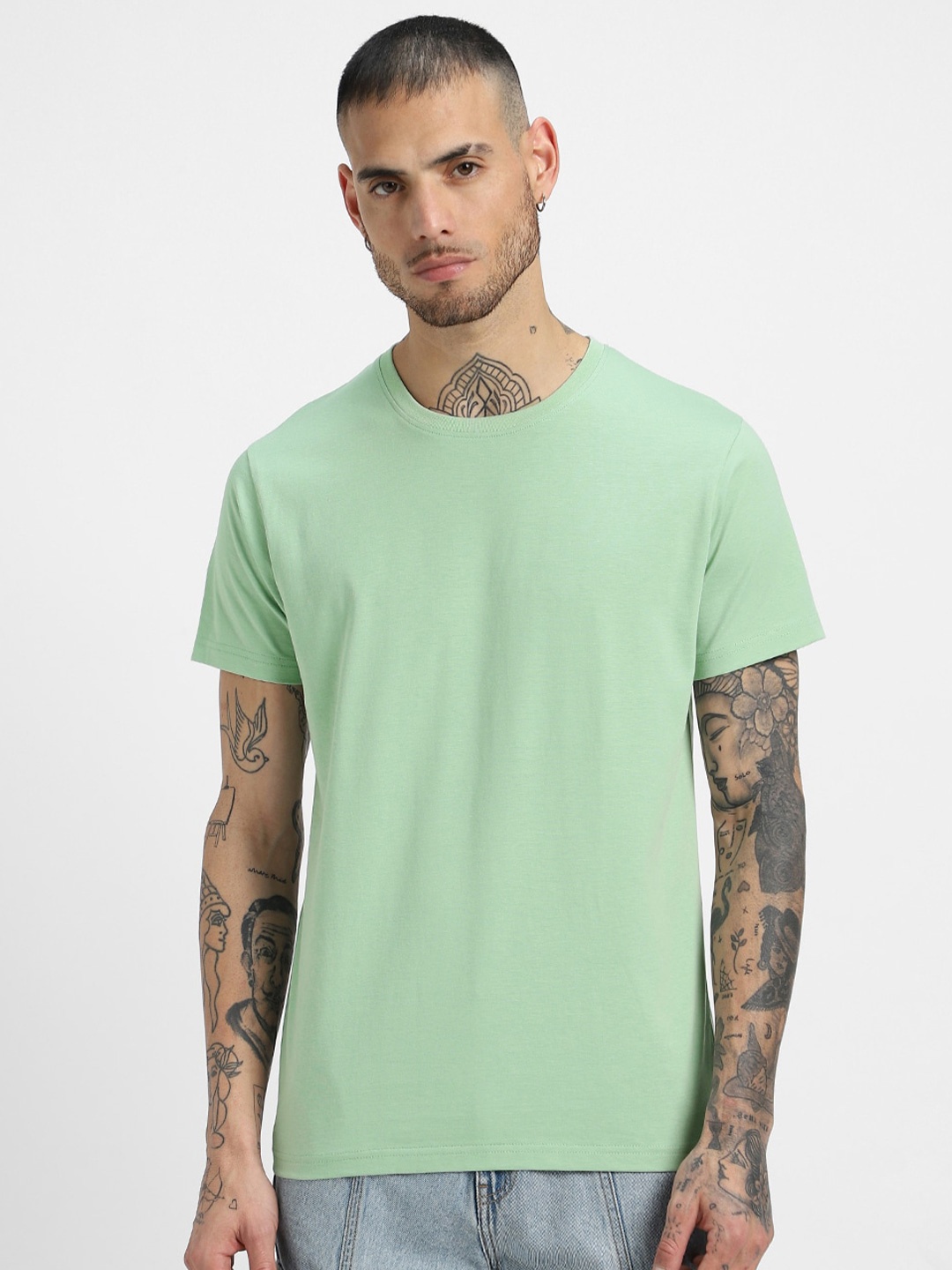 

VEIRDO Round Neck Short Sleeves Pure Cotton T-shirt, Green