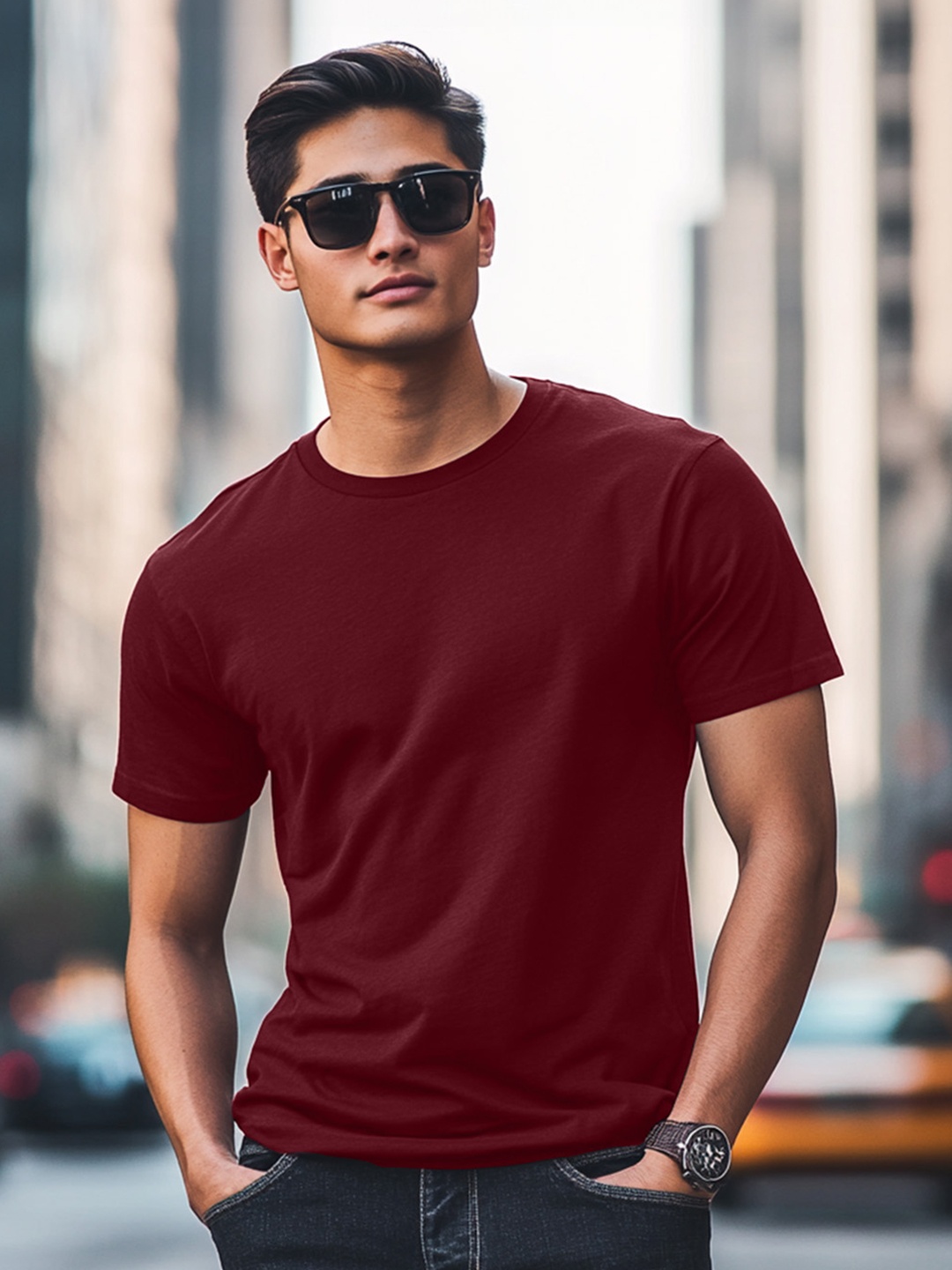 

VEIRDO Round Neck Short Sleeves Pure Cotton T-shirt, Maroon