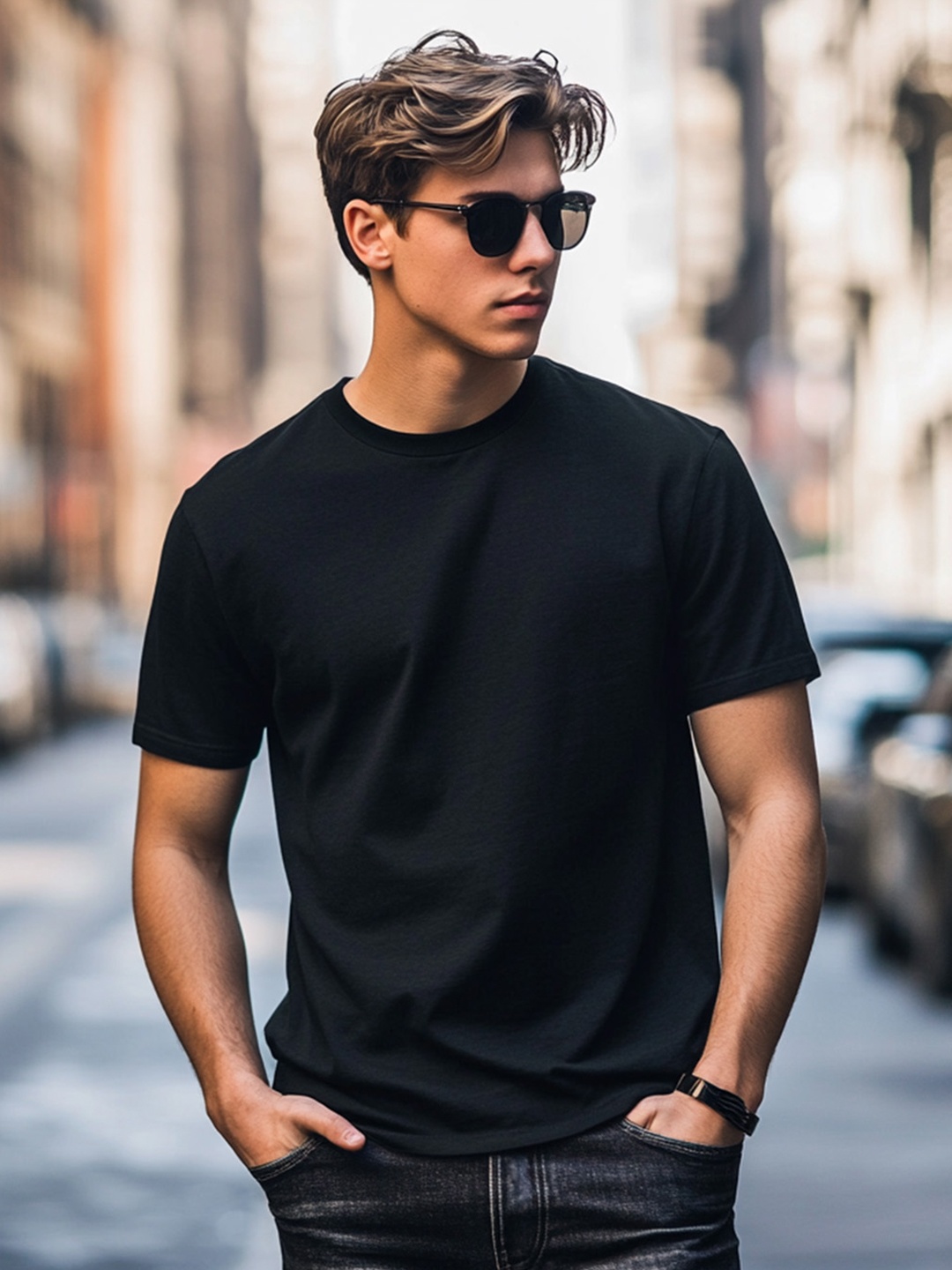 

VEIRDO Round Neck Short Sleeves Pure Cotton T-shirt, Black
