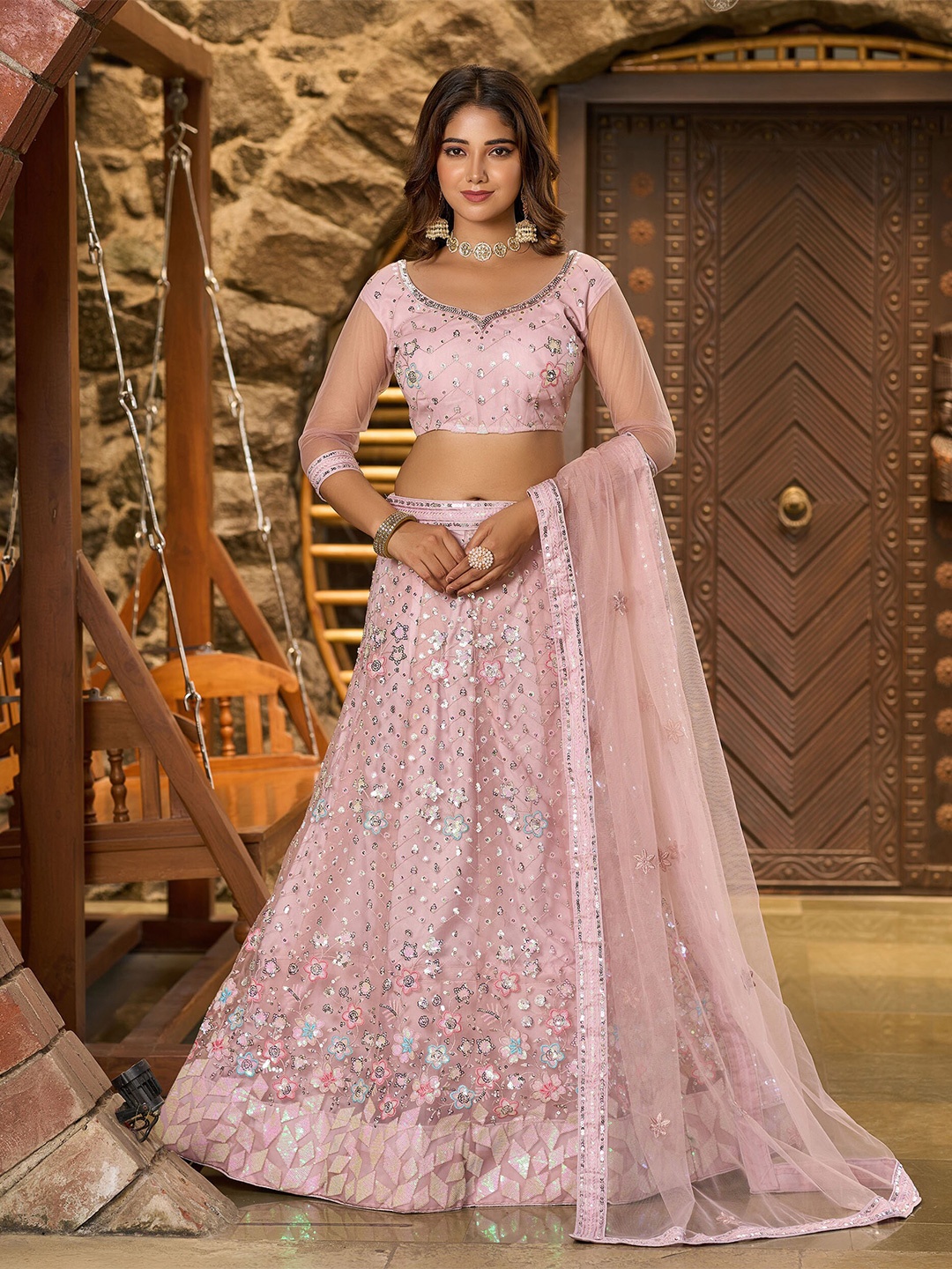 flaher Embellished Net Sequinned Semi-Stitched Lehenga & Unstitched Blouse With Dupatta, Pink