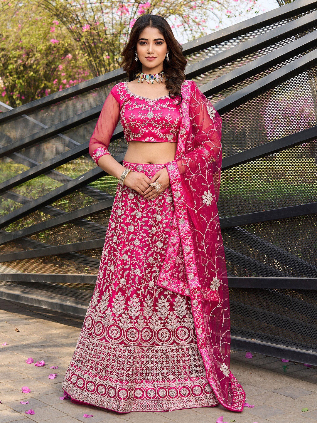 

flaher Embroidered Semi-Stitched Net Lehenga & Unstitched Blouse With Dupatta, Pink