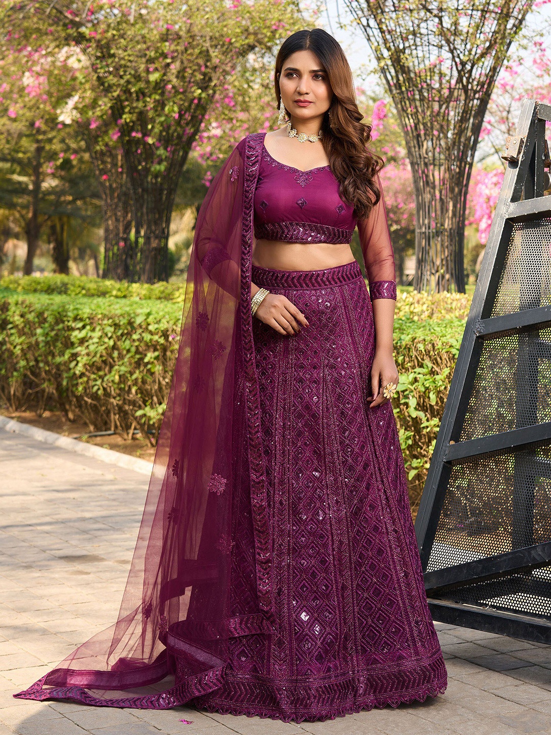 

flaher Embroidered Semi-Stitched Net Lehenga & Unstitched Blouse With Dupatta, Burgundy