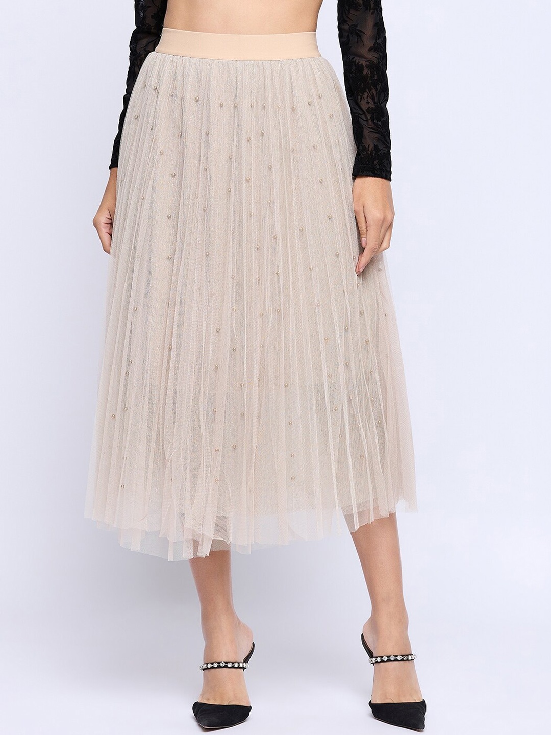 

Camey A-line Pleated Knee-Length Skirts, Beige