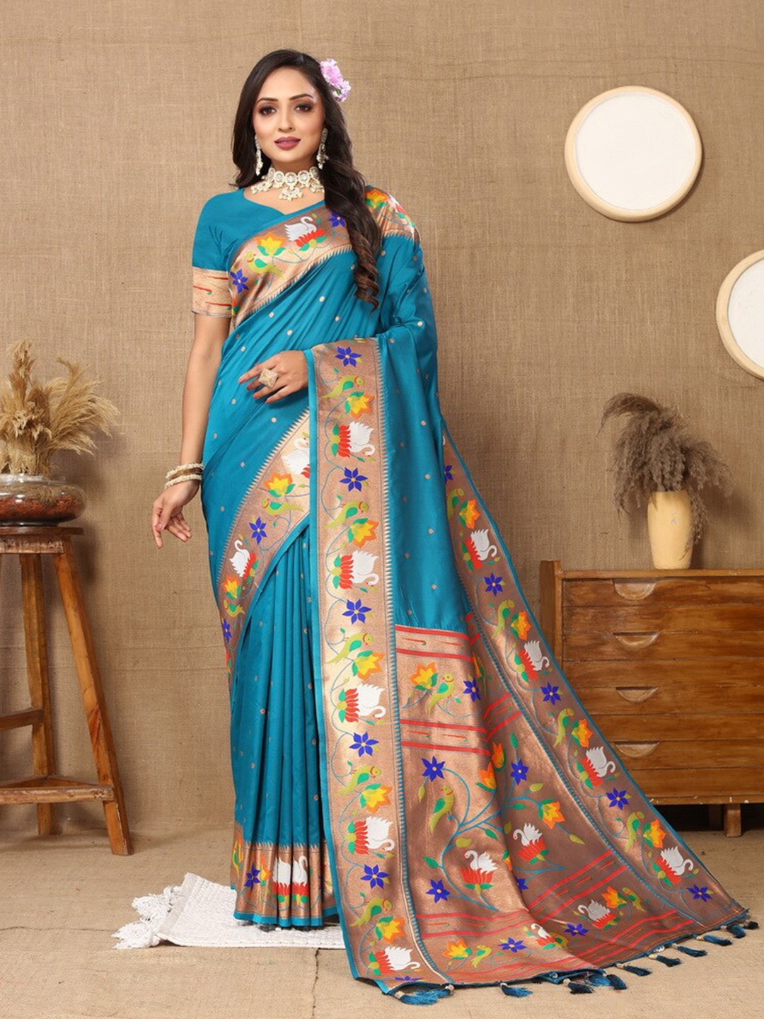 

Divyadham Textiles Ethnic Motifs Zari Pure Silk Paithani Banarasi Saree, Turquoise blue