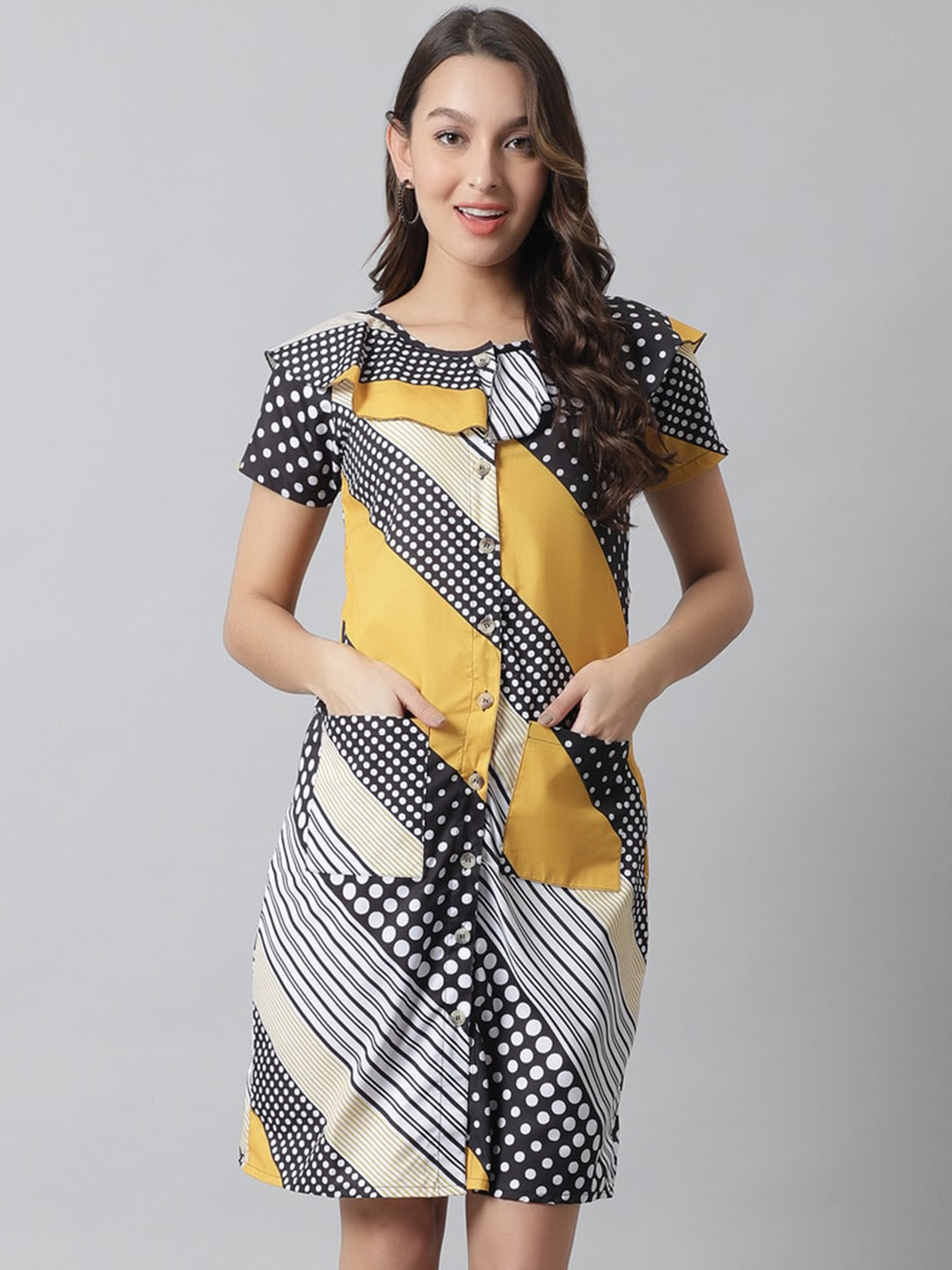 

Karmic Vision Polka Dots Printed Georgette A Line Dress, Yellow