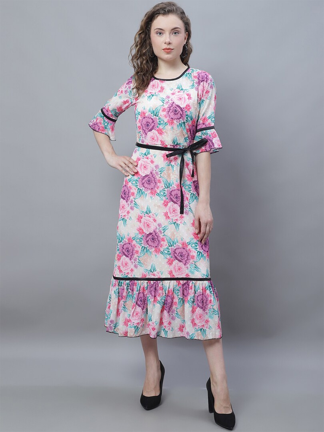 

Karmic Vision Floral Print Bell Sleeve Georgette Blouson Midi Dress, White
