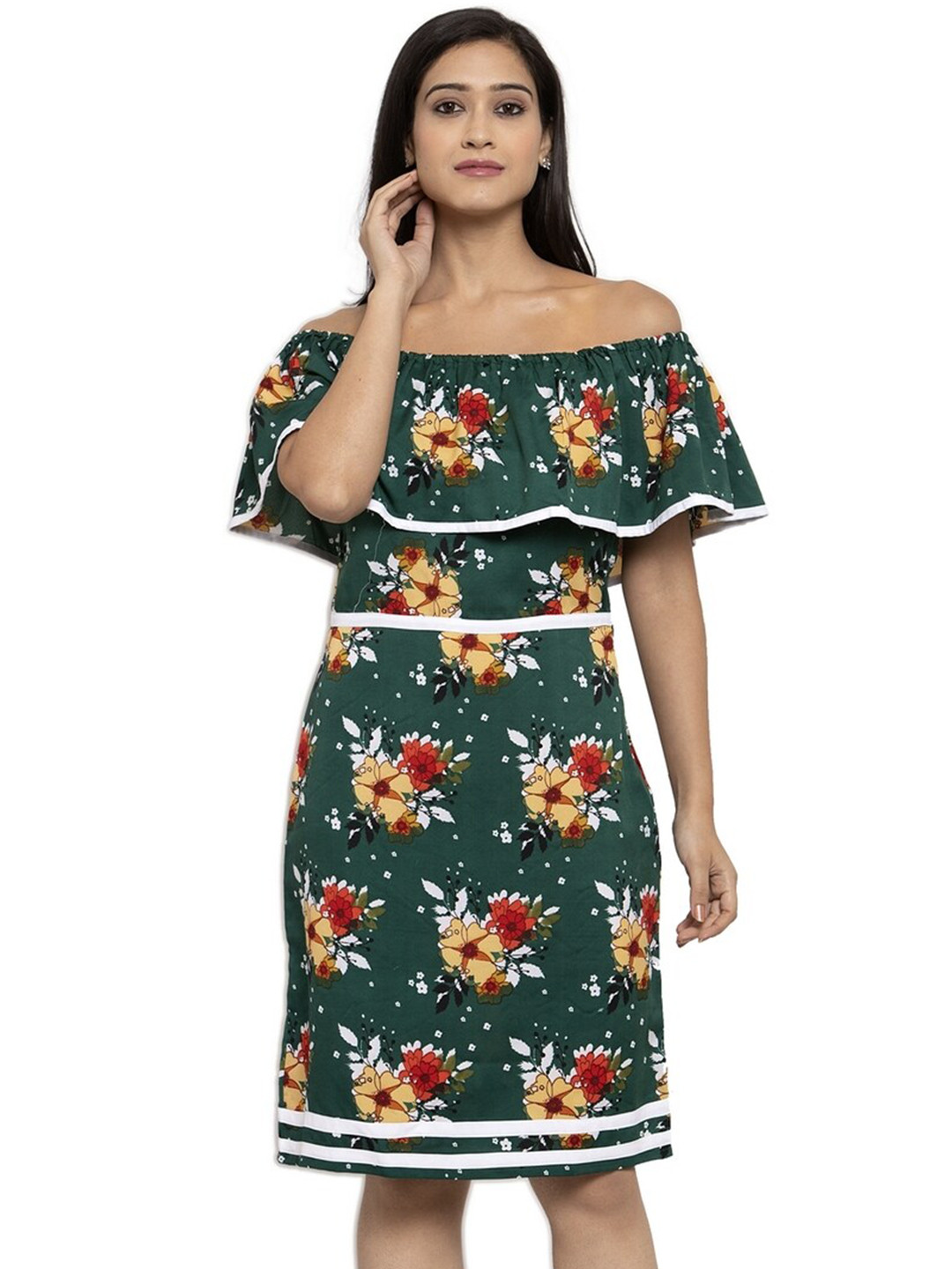 

Karmic Vision Floral Printed Off Shoulder Georgette A-Line Dress, White