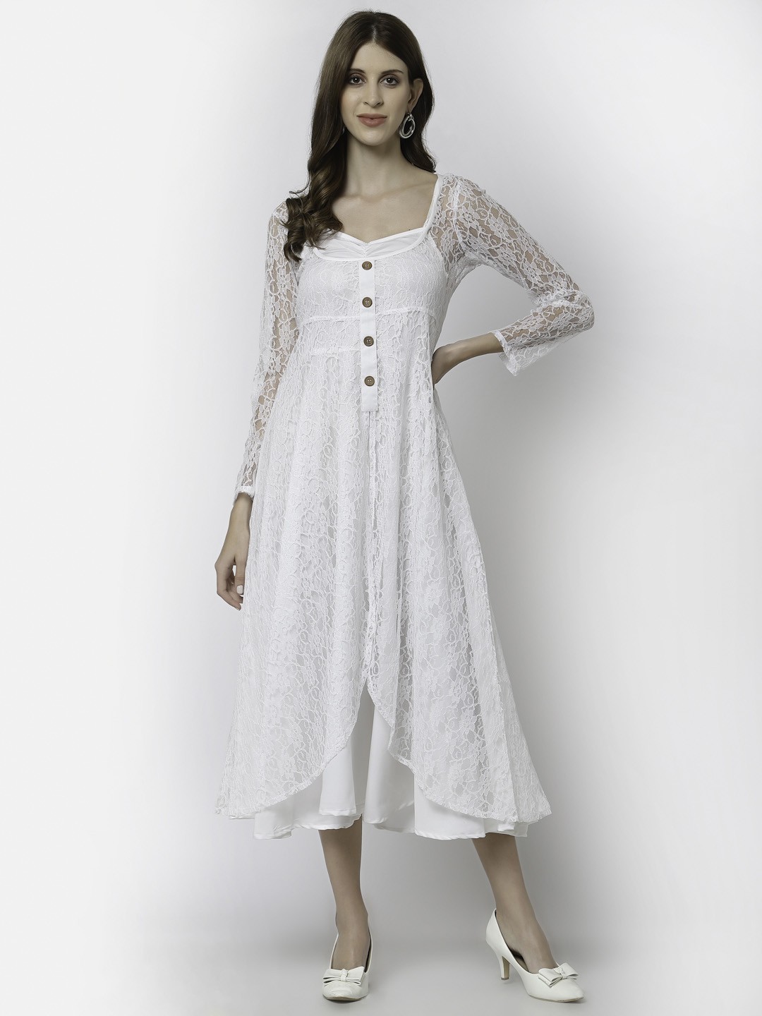 

Karmic Vision Sweetheart Neck Three-Quarter Sleeves A-Line Midi Dress, White