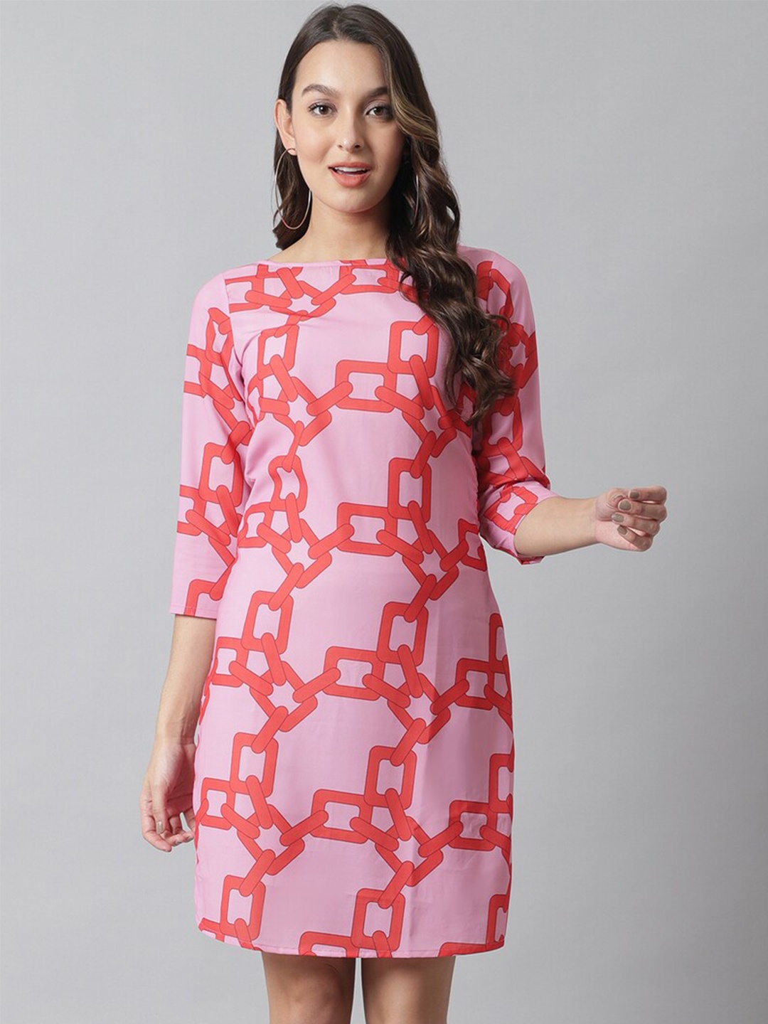 

Karmic Vision Geometric Printed Georgette Sheath Dress, Pink