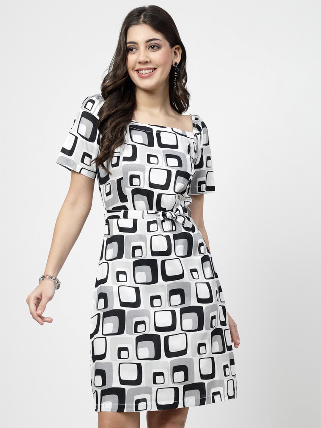 

Karmic Vision Geometric Print Georgette Fit & Flare Dress, White