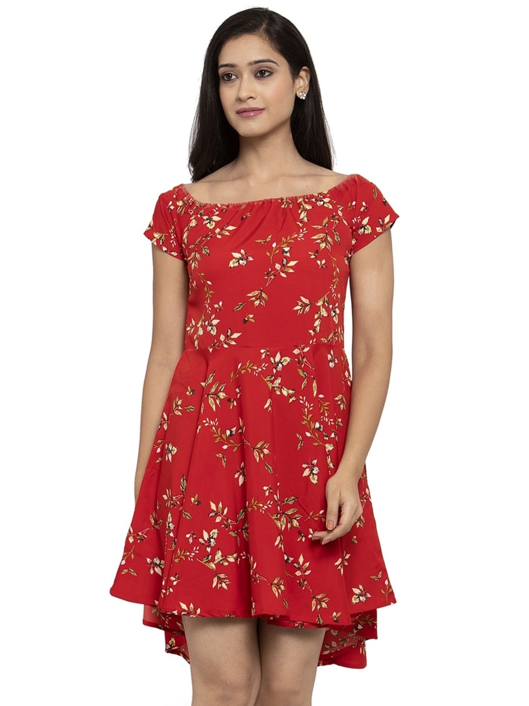 

Karmic Vision Floral Printed Square Neck Georgette Fit & Flare Dress, Red