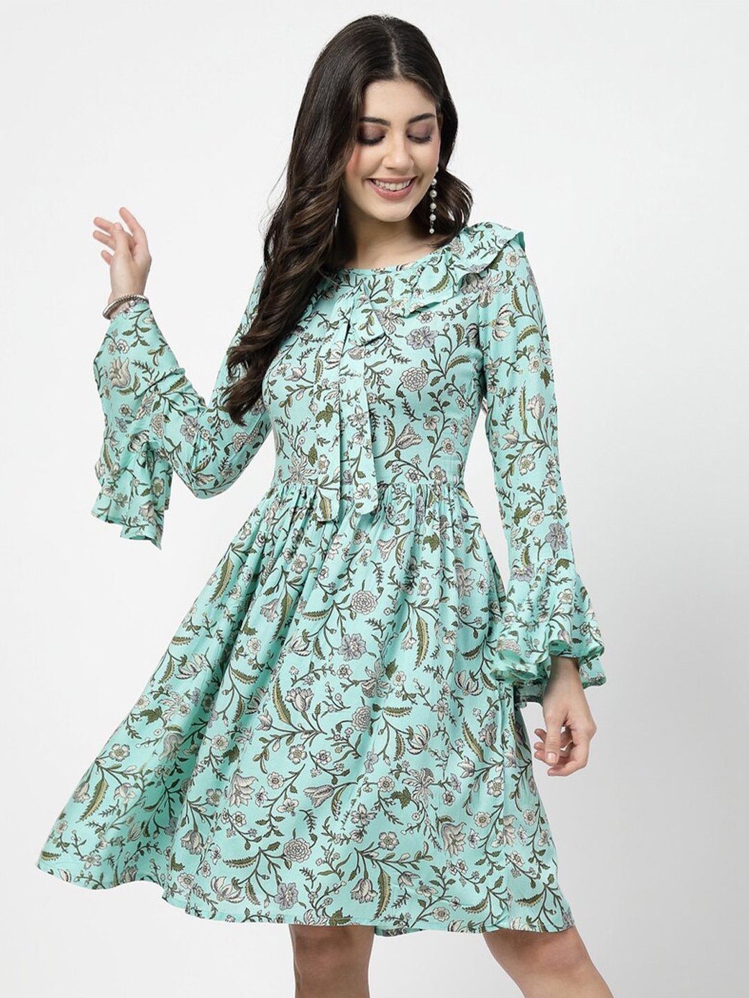 

Karmic Vision Floral Print Bell Sleeve Georgette Fit & Flare Dress, Green