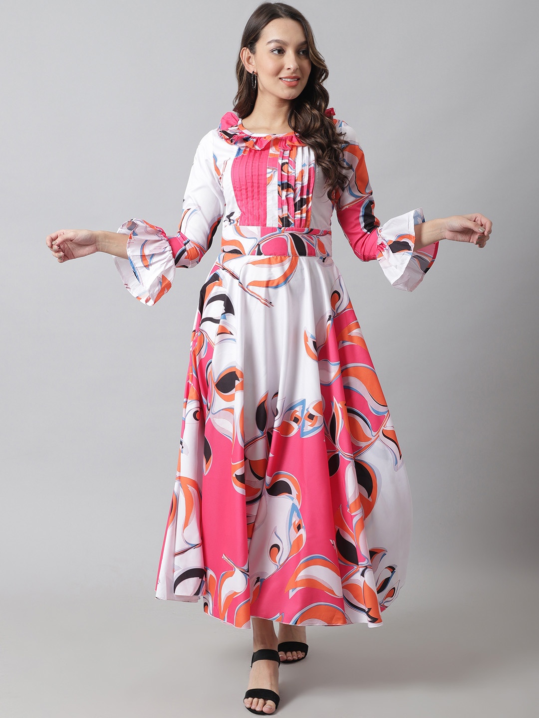 

Karmic Vision Floral Printed Bell Sleeve Georgette Maxi Dress, White