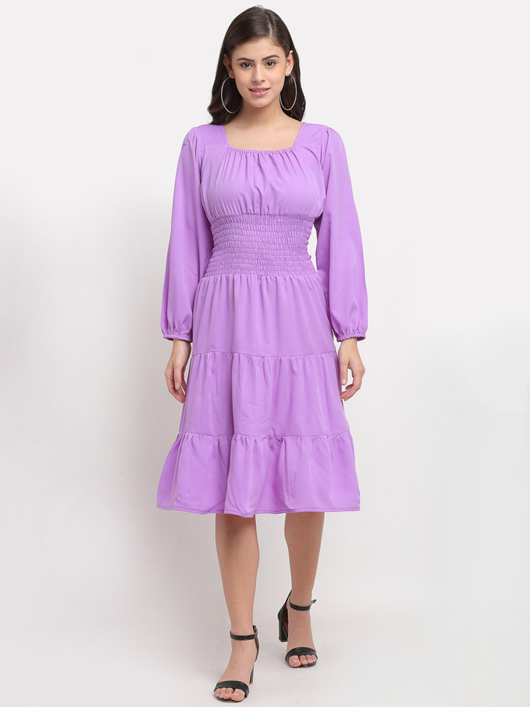 

Karmic Vision Self Design Round Neck Puff Sleeve Fit & Flare Dress, Purple