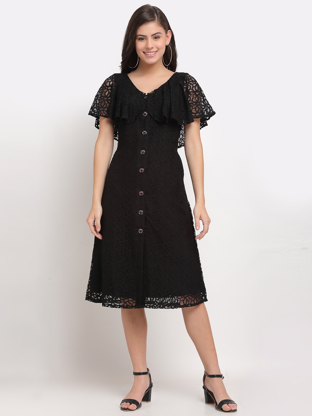 

Karmic Vision Flutter Sleeve Georgette Fit & Flare Midi Dress, Black