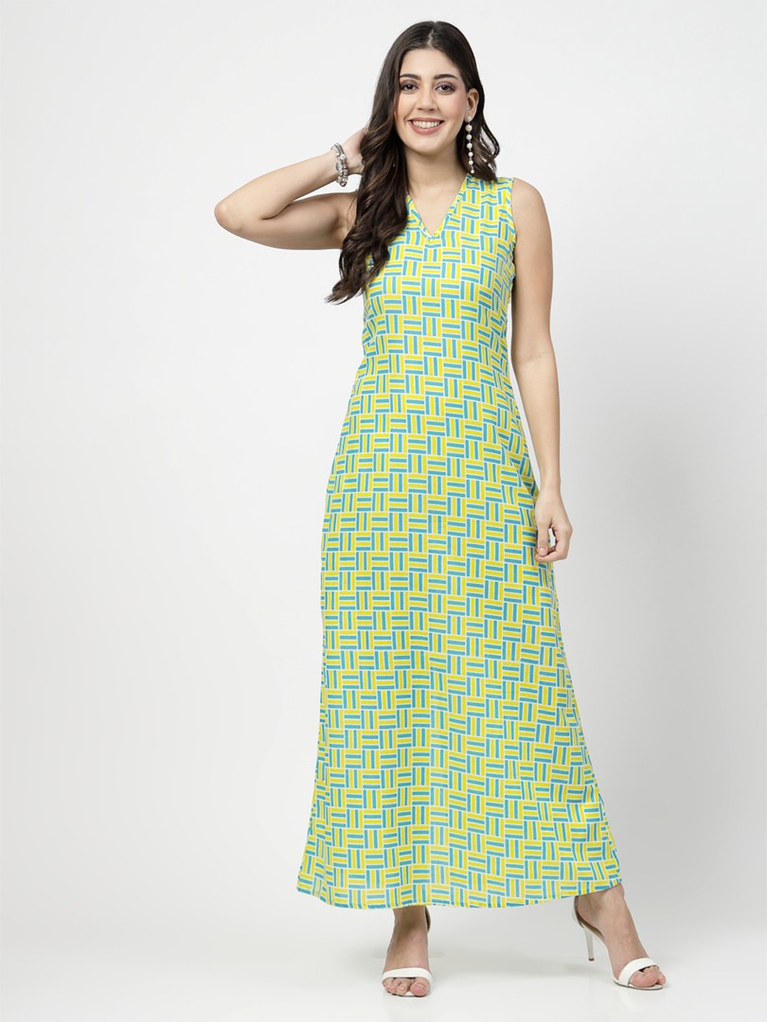 

Karmic Vision Checked V-Neck Sleeveless Georgette Maxi Dress, Green
