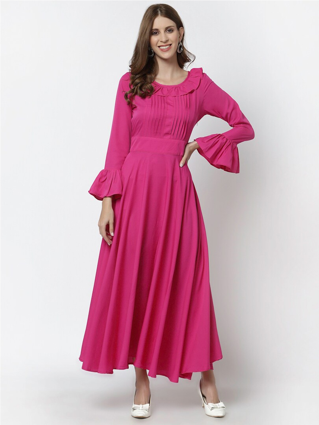 

Karmic Vision Bell Sleeve Ruffle Pleated Georgette Fit And Flare Maxi Dress, Pink