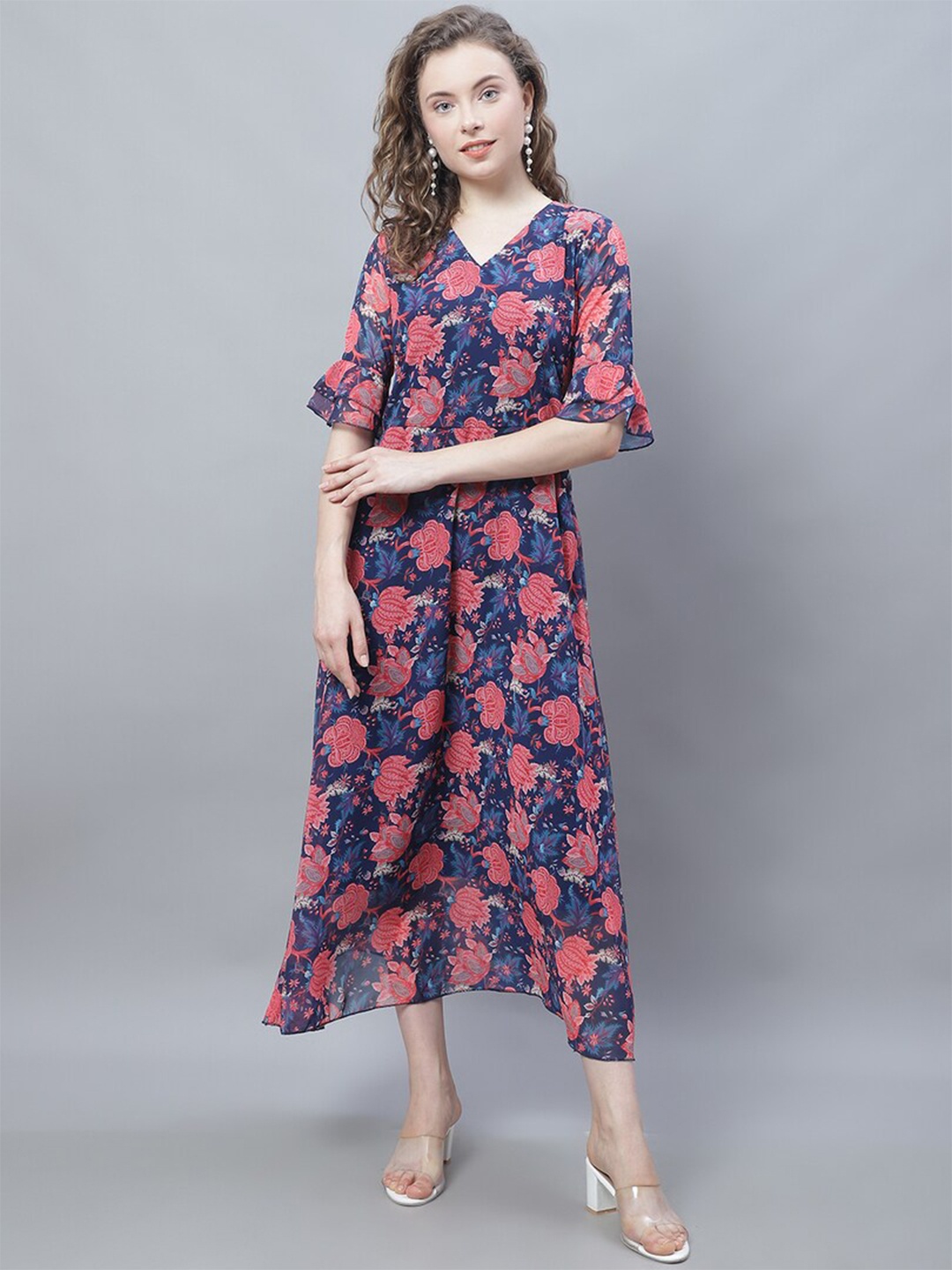 

Karmic Vision Floral Printed Bell Sleeve Georgette A-Line Midi Dress, Red