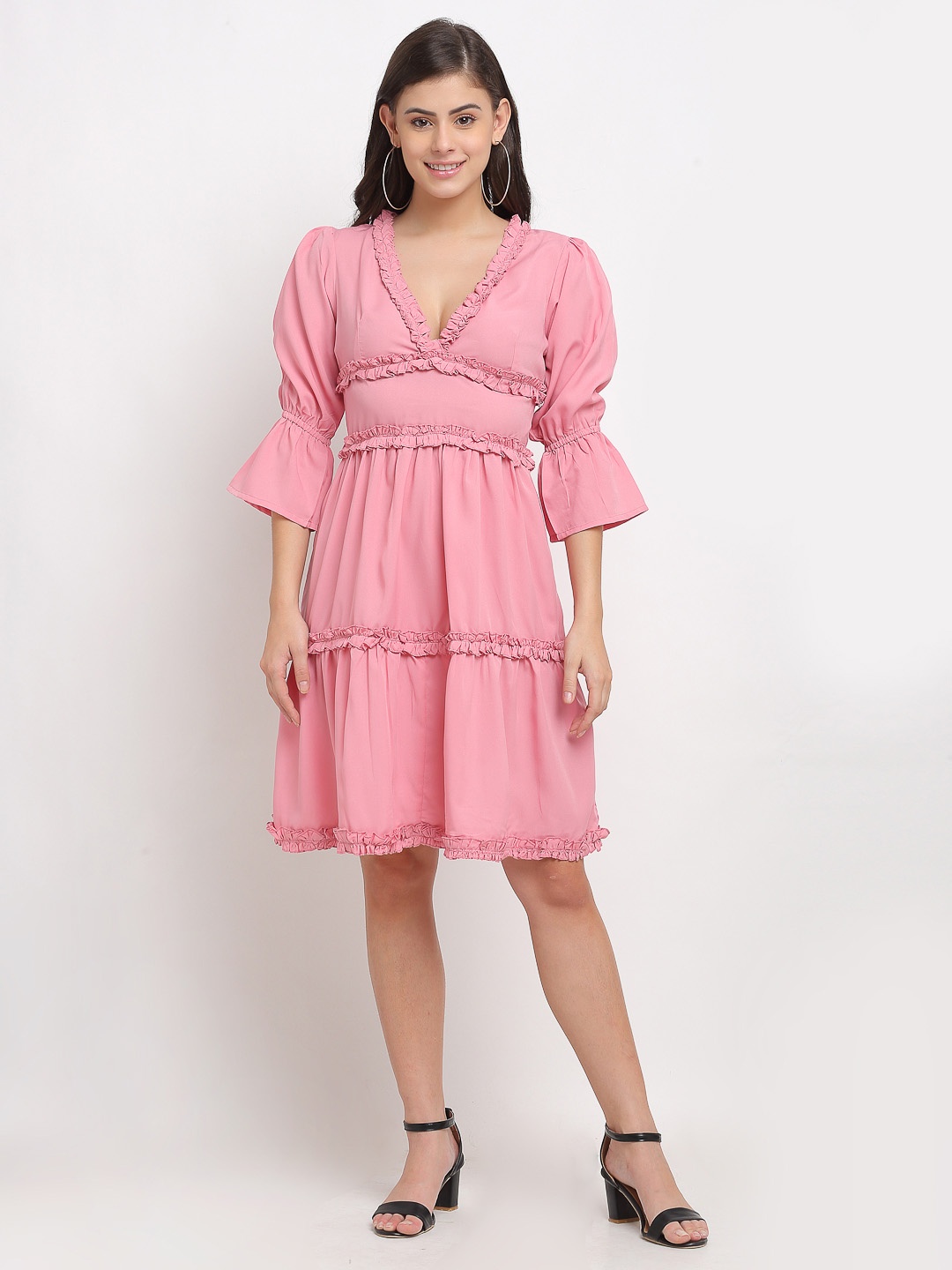 

Karmic Vision V-Neck Bell Sleeve Fit & Flare Dress, Pink