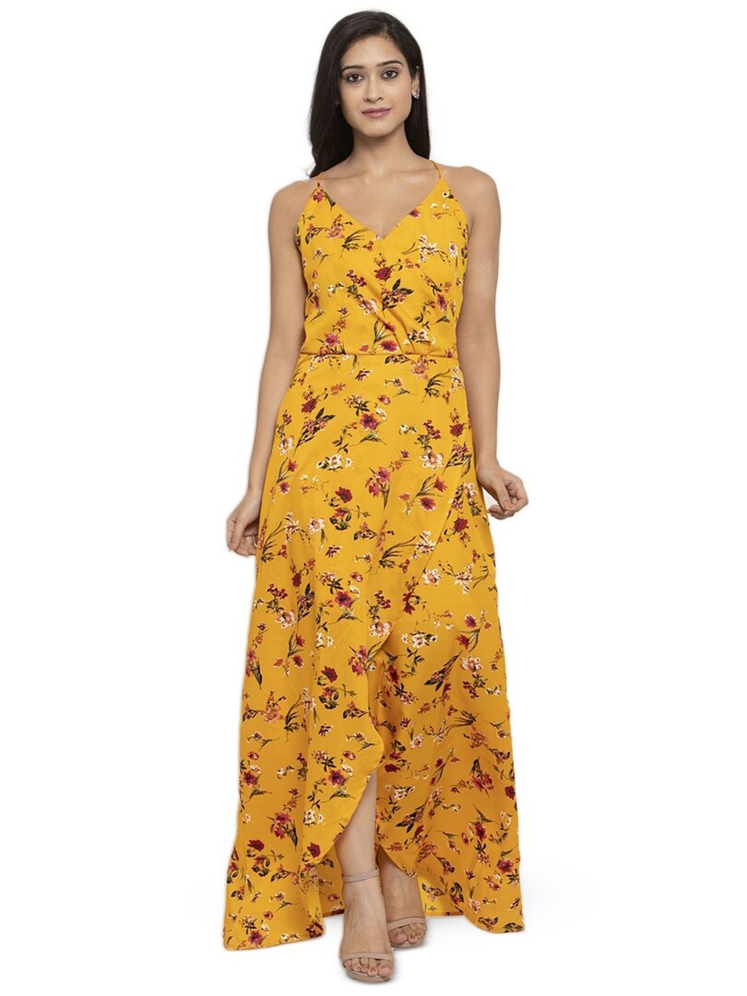 

Karmic Vision Floral Printed Georgette Maxi Dress, Yellow