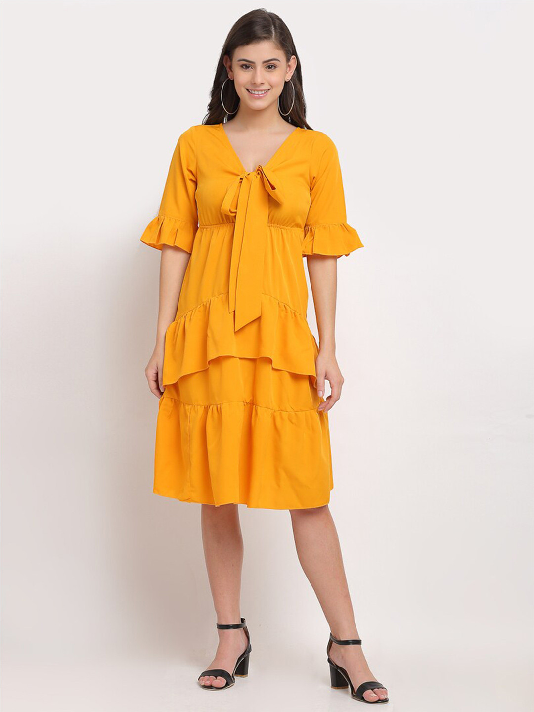 

Karmic Vision Floral Print Bell Sleeve Georgette Empire Dress, Yellow