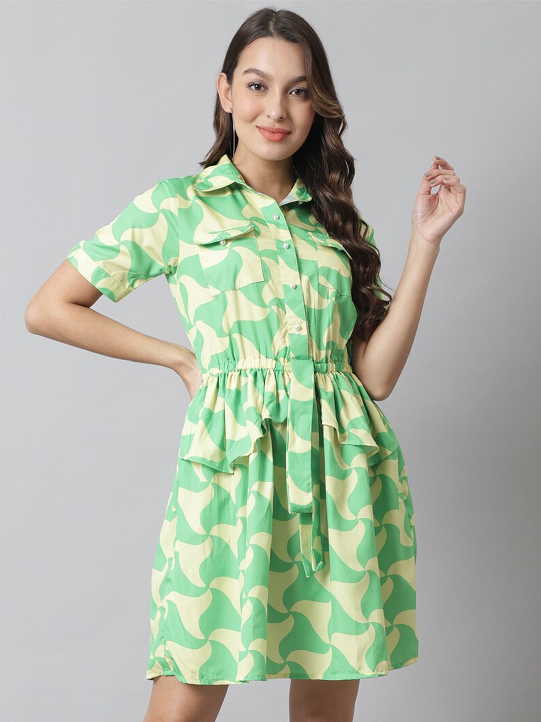 

Karmic Vision Print Georgette Shirt Dress, Green