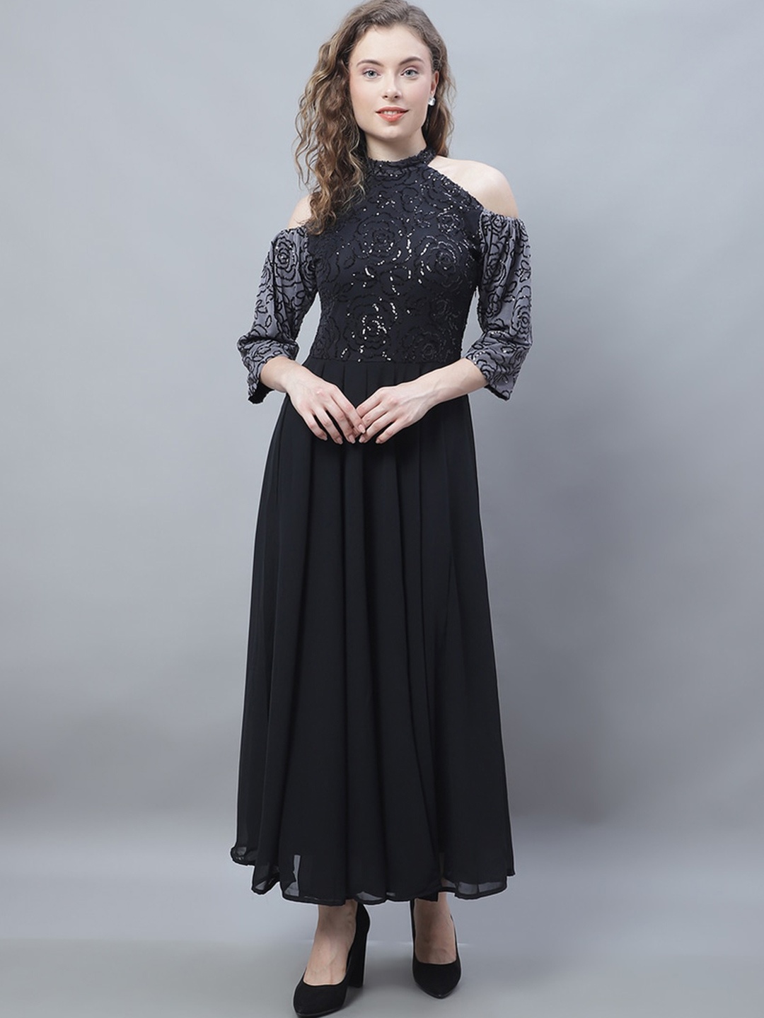 

Karmic Vision Embellished Cold-Shoulder Georgette Maxi Dress, Black