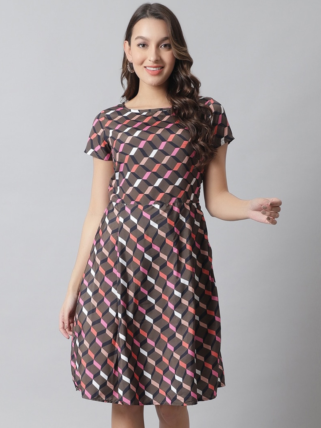 

Karmic Vision Geometric Printed Georgette Fit & Flare Dress, Brown