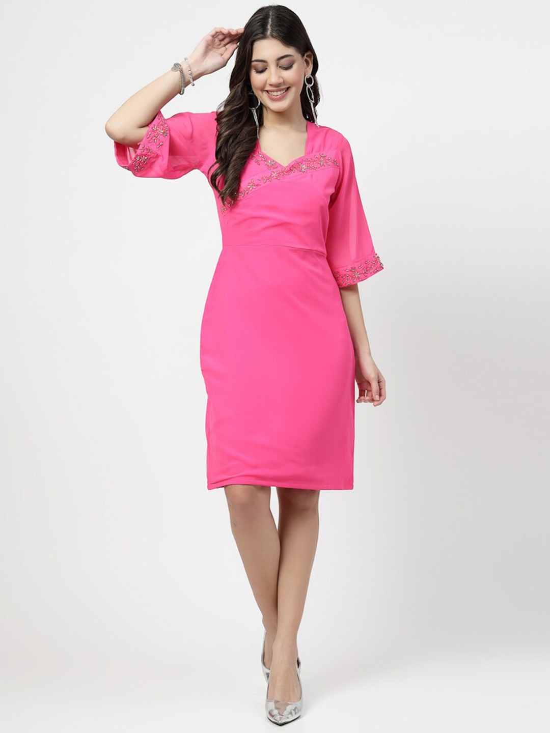 

Karmic Vision Sweetheart Neck Georgette Sheath Dress, Pink