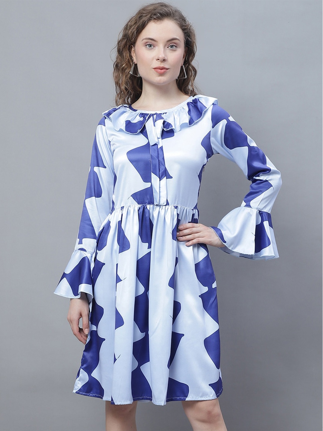 

Karmic Vision Abstract Printed Tie-Up Neck Bell Sleeve Georgette Fit & Flare Dress, White