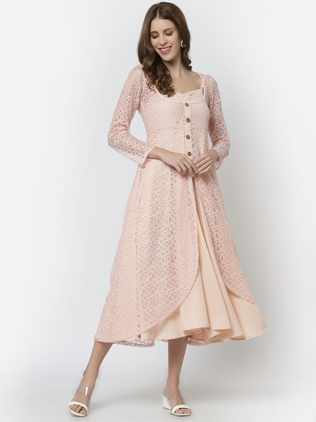 

Karmic Vision Print Georgette Fit & Flare Midi Dress, Beige