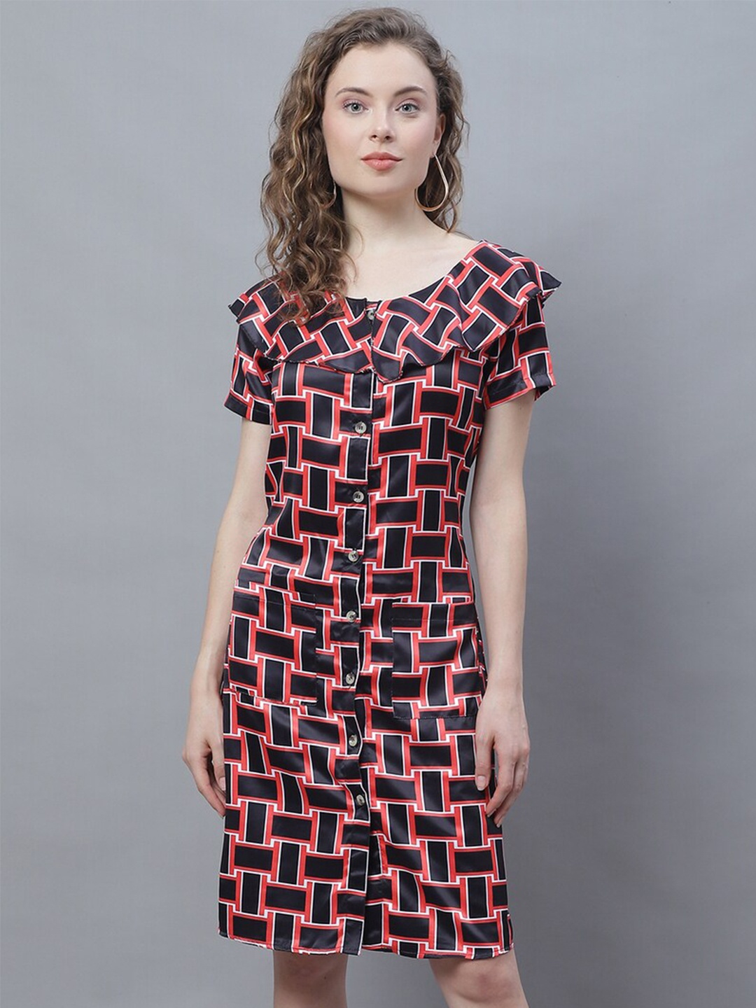 

Karmic Vision Geometric Printed Ruffles Georgette Sheath Dress, Black