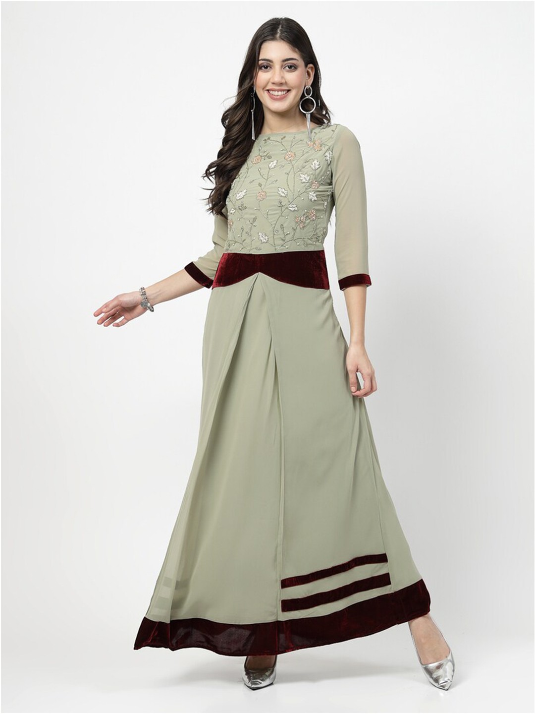 

Karmic Vision Floral Embellished Georgette Maxi Dress, Sea green