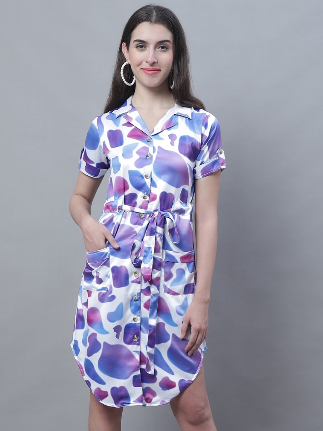 

Karmic Vision Abstract Printed Georgette Shirt Dress With Belt, White