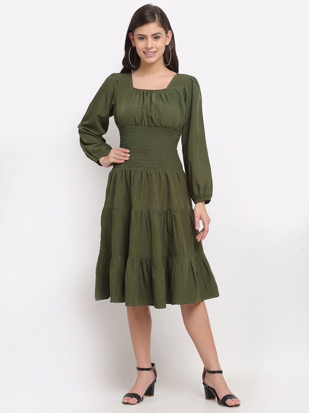 

Karmic Vision Puff Sleeve Georgette Fit & Flare Dress, Olive