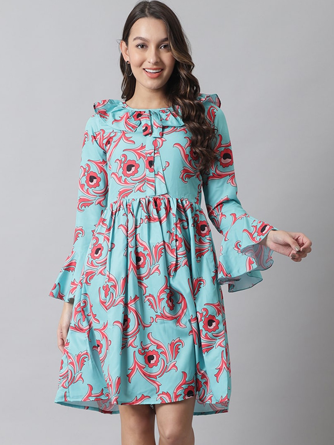 

Karmic Vision Floral Print Tie-Up Neck Bell Sleeve Georgette Fit & Flare Dress, Blue